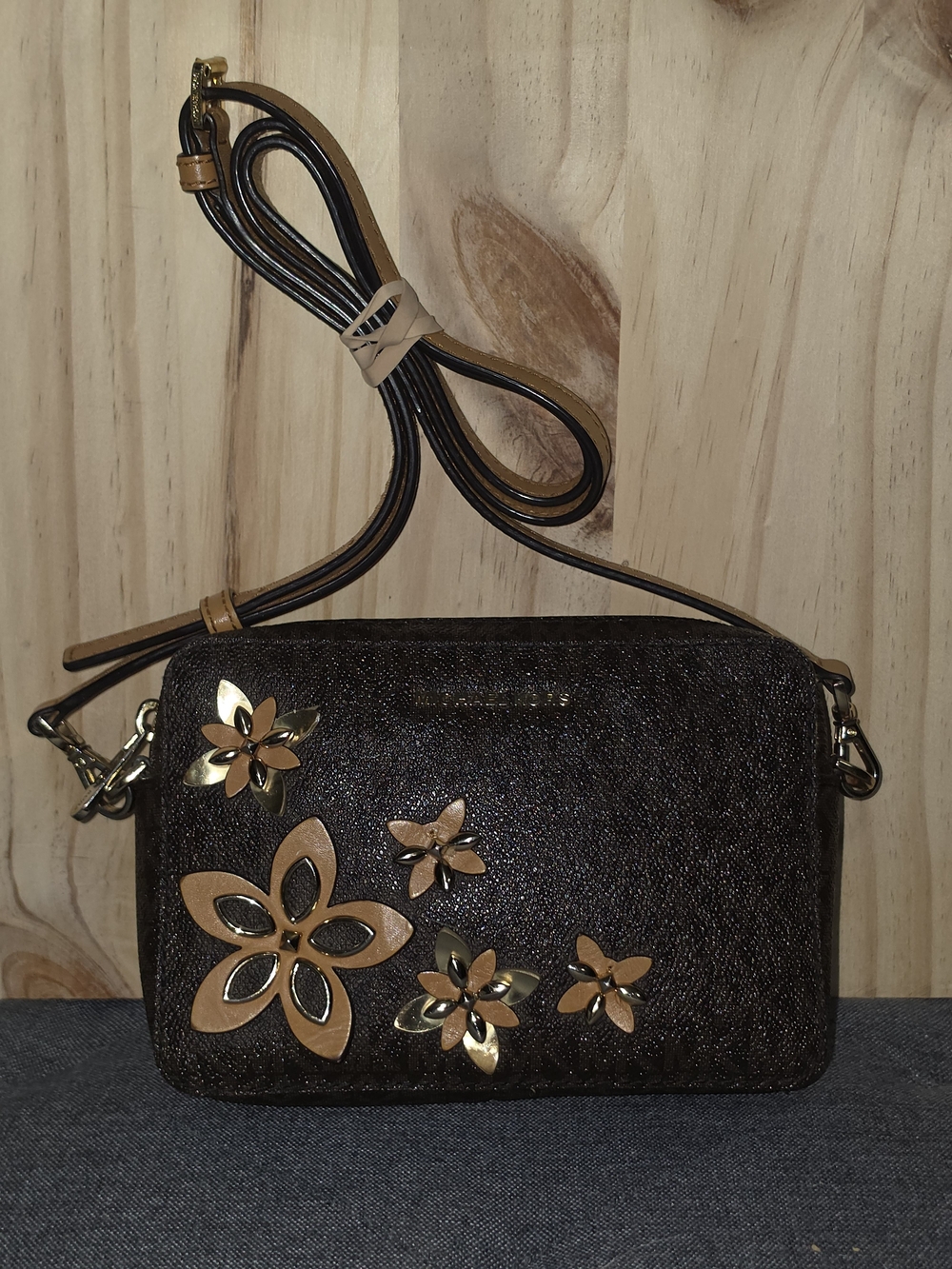 Michael Kors Brown Floral Applique Crossbody Bag with Gold Accents